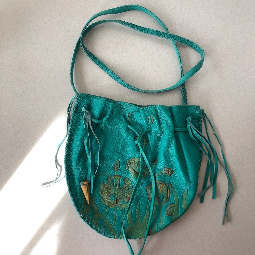 Vintage Lucky Brand Genuine Leather Turquoise Floral Crossbody Purse